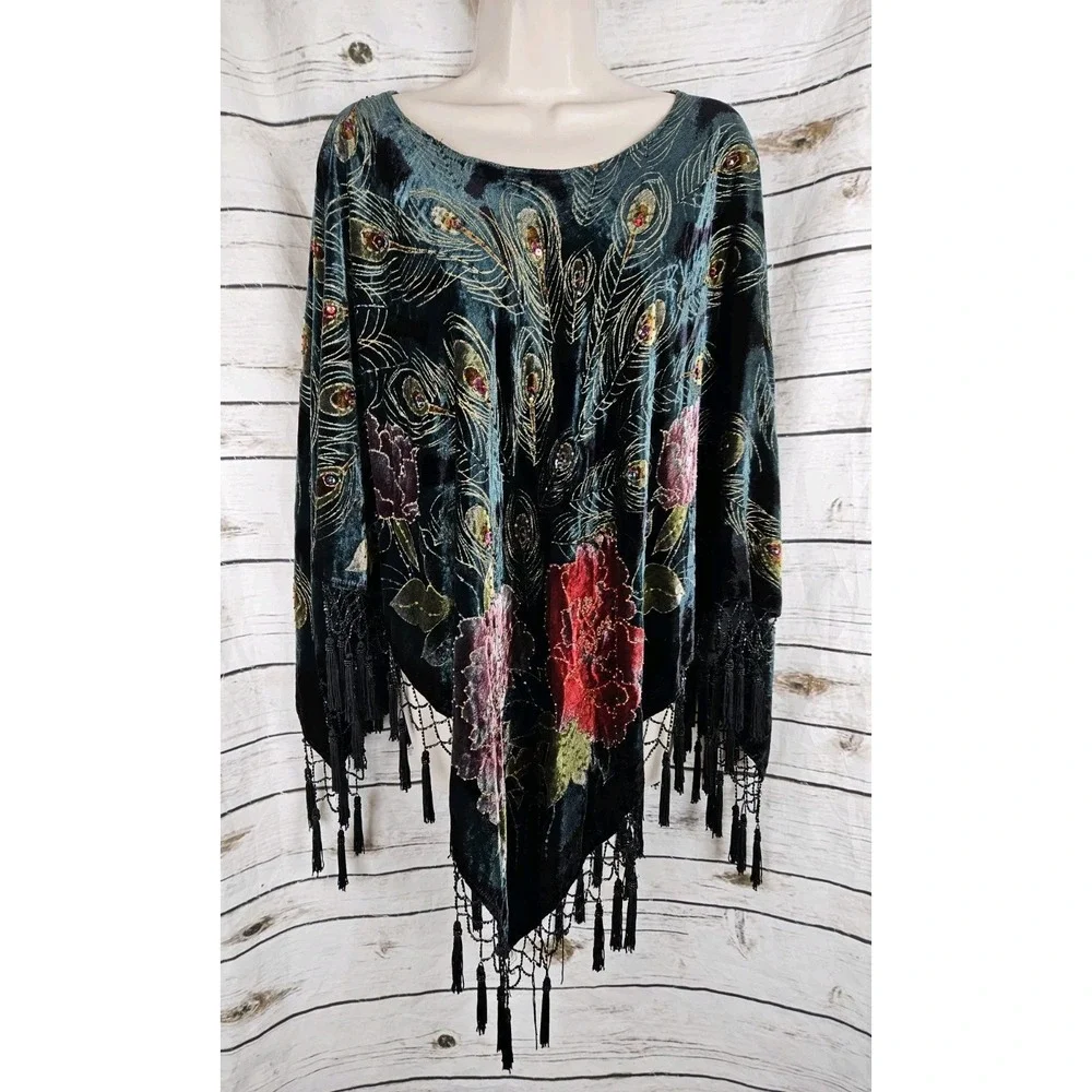 Coldwater Creek Velvet Beaded Fringe Poncho OS Peacock Feather Print Tassels